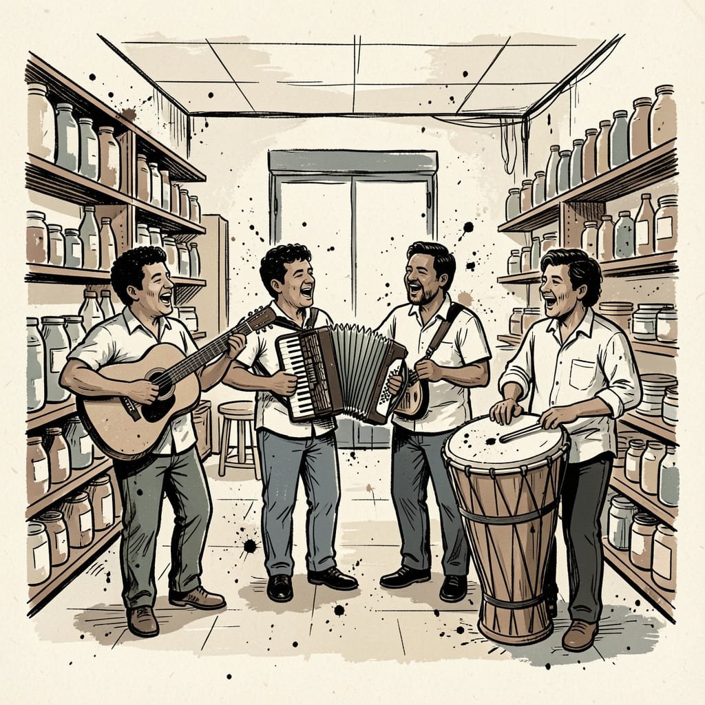 Illustrazione di un quartetto di musicisti che suona merengue típico con chitarra, acordeón, güira e tambora dentro un colmado di campagna, tra gli scaffali di bottiglie